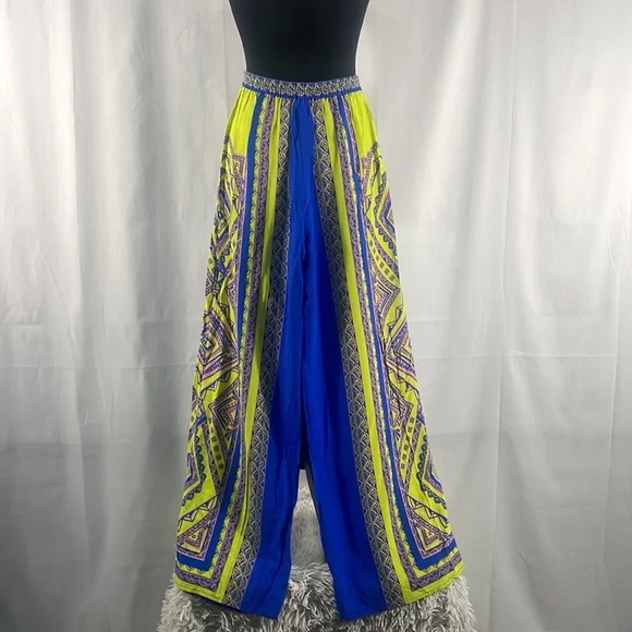 Royal Blue, Neon yellow multi colored, boho, wide leg high rise pants, Small - Picture 5 of 5